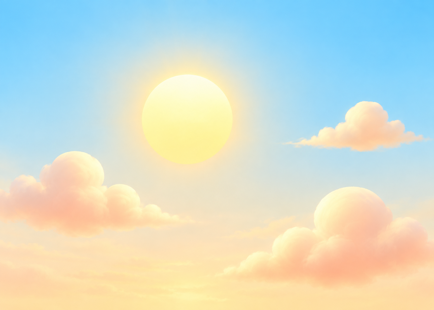 Soft sunlight and peach clouds in a clear blue sky.