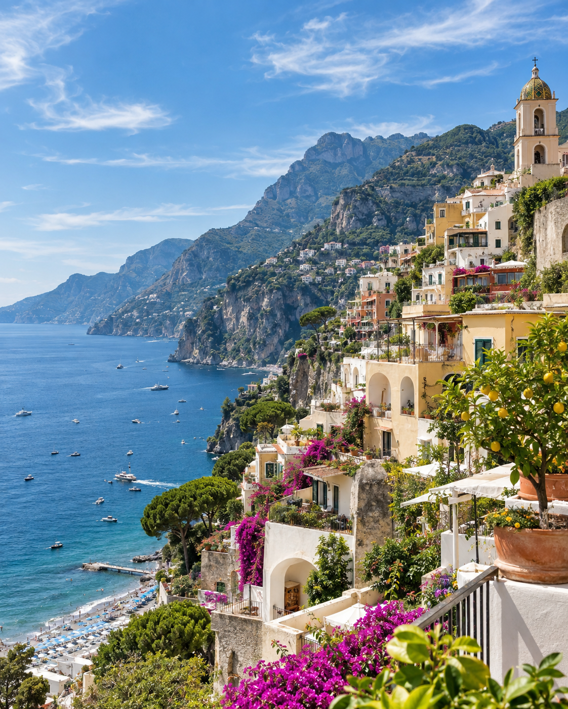 A sunny hillside town on the Mediterranean coast.