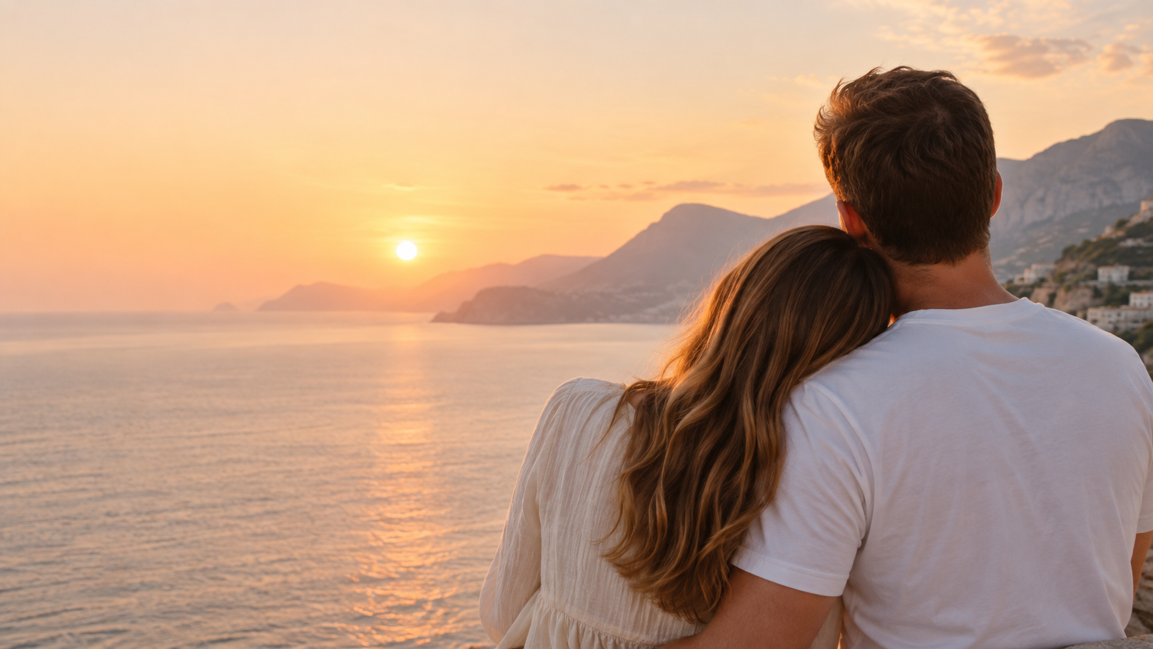 A couple watching the sunset over the sea, her head resting on his shoulder.